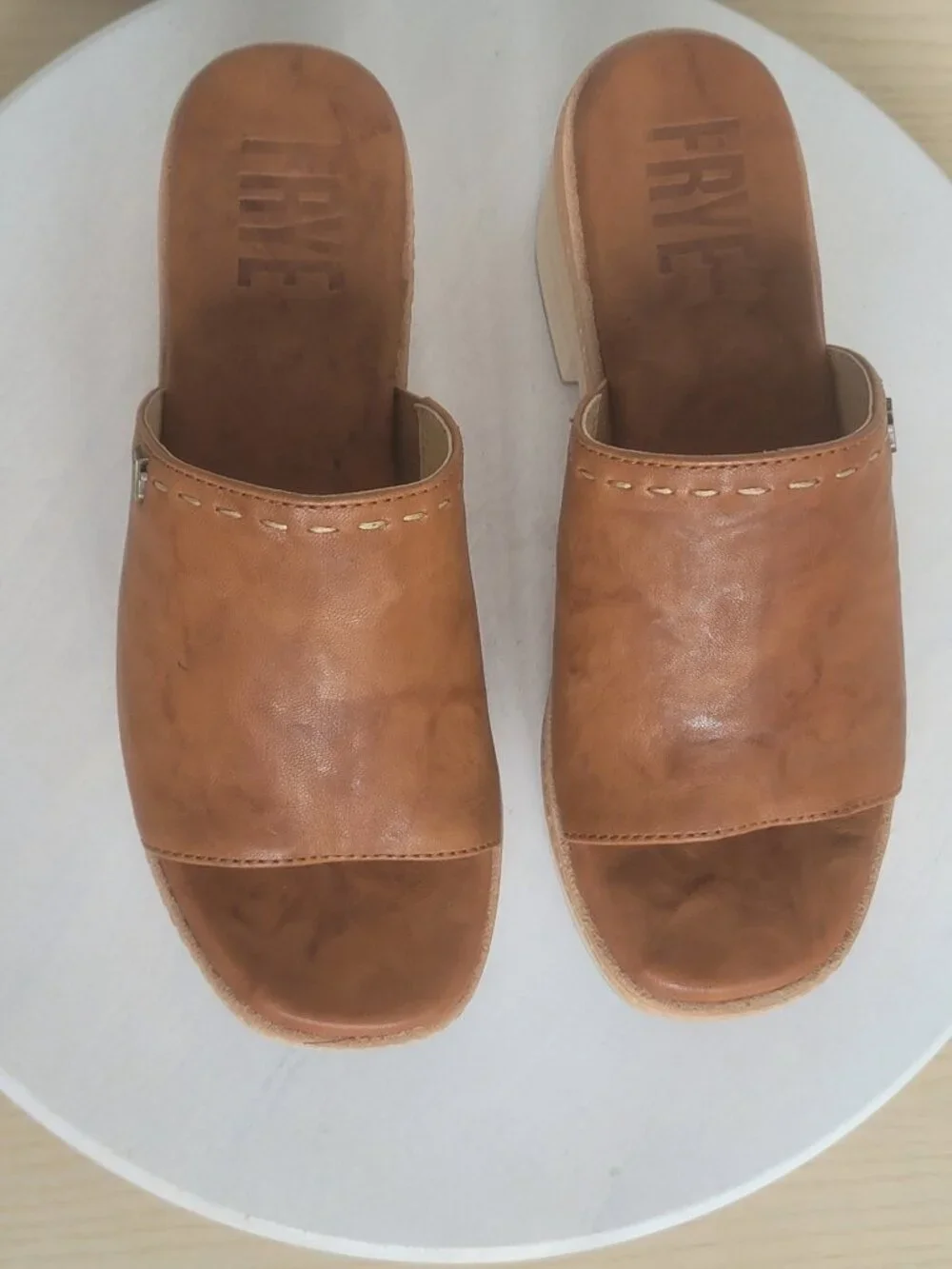 Frye Hazel Tan Leather Wood Platform Clogs Boho Mule Slide Sandal 70s Size 6M